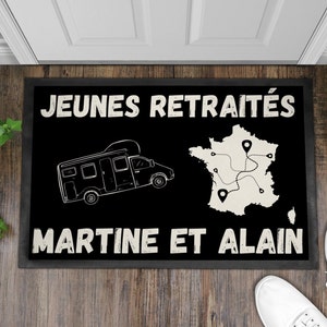 Paillasson sur-mesure Camping-car texte et France. Itinéraires de voyages imprimé sur tapis en caoutchouc lavable main 60x40 ou 35x50