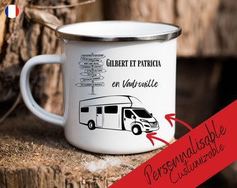 Personalized first name mug on the road in a camper van, van, bulli or converted van. In enameled metal 300ML