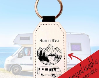 Porte clé personnalisé camping-car en simili cuir blanc et noir - Porte clef avec anneau argenté Solide - 4cmx7,5cm- Cadeau pour lui et elle