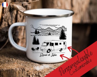 Enamelled metal cup for wild, natural and free camping in a camper van or converted van in the French countryside