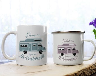 Enamelled metal campervan mug for a couple or mug for a couple of campers and vanlifers