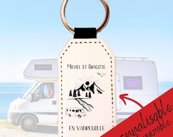 Porte clé personnalisé camping-car en simili cuir blanc et noir - Porte clef avec anneau argenté Solide - 4cmx7,5cm- Cadeau pour lui et elle