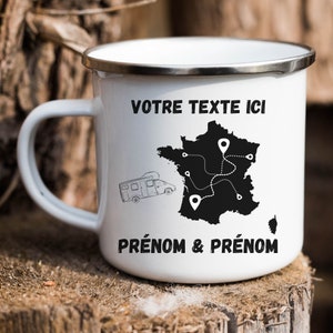 Mug Young retirees traveling in a camper van in France in customizable enameled metal to celebrate a retirement in a van