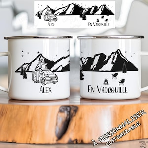 Mug Tasse Van personnalisé, prénom en vadrouille, choix du camping-car - tasse métal incassable - pour vos voyages de vanlifer d'aventurier