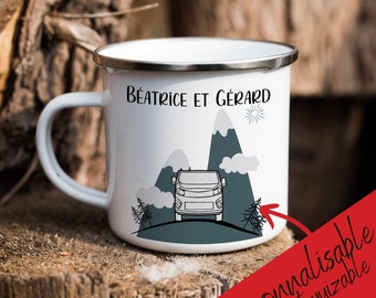 Tasse personnalisée en métal émaillé-Montagnes en camping-car van ou fourgon aménagé, forêt Française-Tasse camping-Montagnes minimalistes