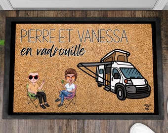 Outdoor entrance mat characters on camping chair for camper van customizable