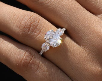 Oval CZ Engagement Ring, Yellow Gold Plated Sterling Silver, Three Stone Promise Ring