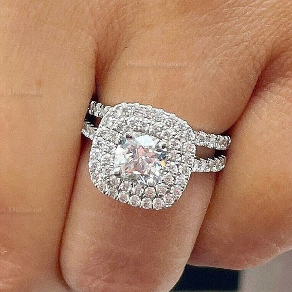 1.5CT Cushion Cut Moissanite Engagement Ring 10K Gold Cushion Daimond Double Halo Bridal Ring Set Unique Cushion Anniversary Ring For Her