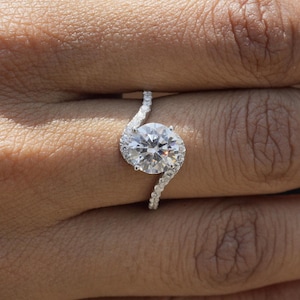 Round CZ Diamond Engagement Ring 14K White Gold Plated Round Diamond Ring Round Simulated Diamond Ring Pave Diamond Ring Anniversary Gift