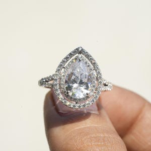 3Ct Pear Double Halo Engagement Ring Pear CZ Diamond Ring White Gold Plated Pear Halo Wedding Ring For Women  Proposal Ring Anniversary Gift