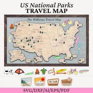 Laser Cut US National Parks Travel Map SVG DXF File with Name Plates and Adventure Themed Icons