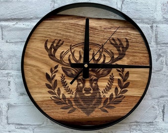 Nature Inspired Wood & Metal Wall Clock - Handcrafted Industrial Design, Live-Edge Finish, Unique Gift Idea, Deer Forest Theme,Handmade Wood