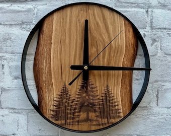 Nature Inspired Wood & Metal Wall Clock - Handcrafted Industrial Design, Live-Edge Finish, Unique Gift Idea, Deer Forest Theme,Handmade Wood