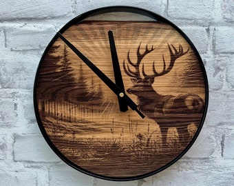 Nature Inspired Wood & Metal Wall Clock - Handcrafted Industrial Design, Live-Edge Finish, Unique Gift Idea, Deer Forest Theme,Handmade Wood