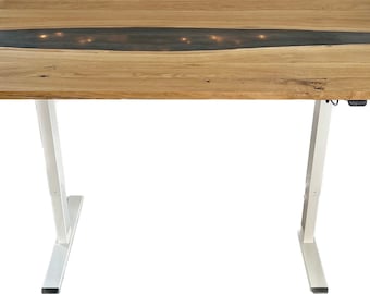 Rustic Epoxy River Desk; Unique Electric Height Adjustable Table; Handmade Oak Wood; Customizable Live Edge Epoxy River Table