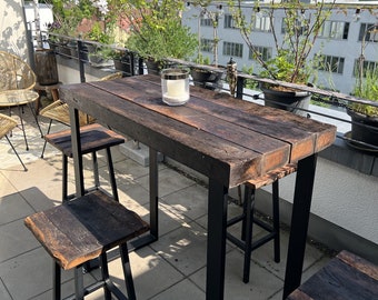 Rustic Reclaimed Wood Bar Table and Stools Set | Handcrafted Garden & Patio Furniture | Outdoor Terrace Dining Furniture