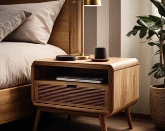 Solid wood bedside table in oak and walnut, modern bedside table with wooden or metal legs, individually customizable, made-to-measure nightstand