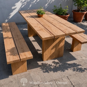 Solid wood garden table "Omega" outdoor oak walnut, wooden table with metal frame, made to measure, customizable, modern, dining table garden