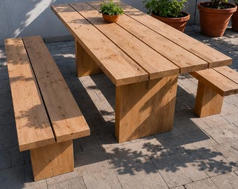 Massivt trädgårdsbord "Omega" utomhus ek valnöt, träbord med metallram, måttbeställt, anpassningsbart, modernt, matbord för trädgården