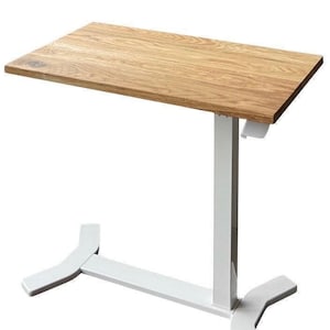 May include: A small, rectangular side table with a light wood grain top and a white metal base. The table's top is approximately 61 cm long and 41 cm wide. The base has a single vertical support and a unique foot design.