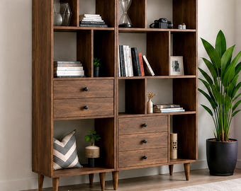 Solid wood living room wall shelf "Soren", bookcase, modern wooden cabinet, solid wood cabinet, Nordic style, wall shelf, library, living room wall unit