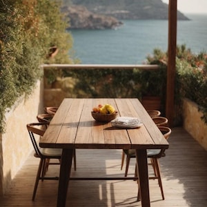 Solid wood outdoor garden table in oak and walnut, wooden table with metal frame, made to measure, customizable, modern, garden dining table image 4