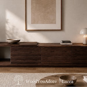 "Lucca" laag dressoir, massief walnotenhout, modern Scandinavisch dressoir, tv-meubel, consoletafel voor de woonkamer, boekenkast, walnoten dressoir