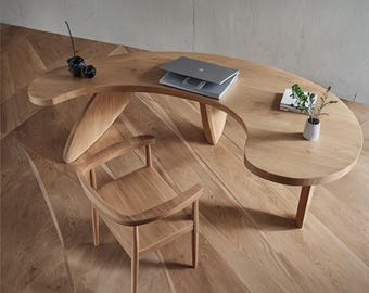 Solid wood desk "Oxford" oak, modern custom-made desk, 2 wooden frames, customizable, handmade office desk
