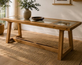 Mesa de comedor rústica "Daytona" de roble macizo con tablero de cristal – mesa de madera maciza hecha a mano estilo granja – mesa moderna de madera maciza