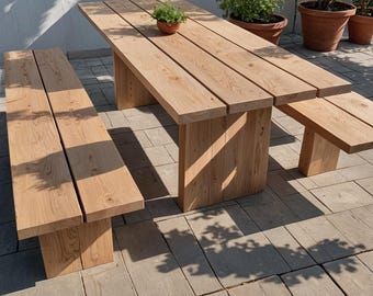 Solid wood outdoor garden table in oak and walnut, wooden table with metal frame, made to measure, customizable, modern, garden dining table