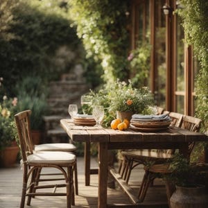 Solid wood outdoor garden table in oak and walnut, wooden table with metal frame, made to measure, customizable, modern, garden dining table image 2