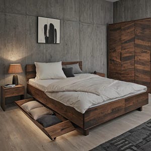 Solid Oak Wood Bed Frame With Pull Out Drawer, 100% Custom Bedframe, Low Profile, Avail Sizes for Twin(Single)/Queen/King/California King
