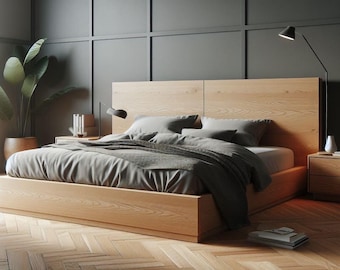 May include: A light wood platform bed frame with a tall headboard, featuring a grey duvet and pillows. The bed is positioned in a room with dark panelled walls, a herringbone wood floor, two bedside tables, and a tall green potted plant.