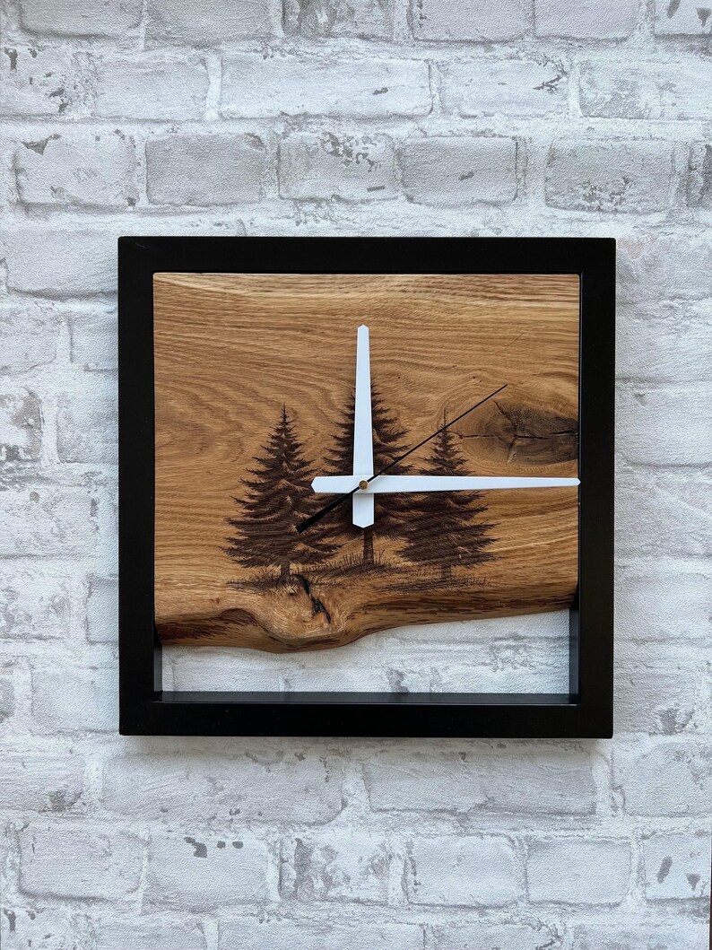 Pine Trees Clock, Carved Wood Wall Clocks, Live Edge & Metal, Forest ...