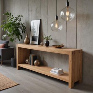 May include: A light oak console table with a lower shelf. The table is against a grey concrete wall, with decorative items on top, including vases, books, and a framed picture. Two clear glass globe pendant lights hang above the table.