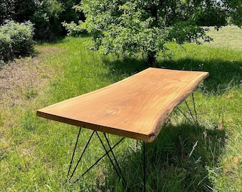 Oak Live Edge Dining Table, Long and Narrow, Solid Wood Table with Hairpin Legs, Customizable