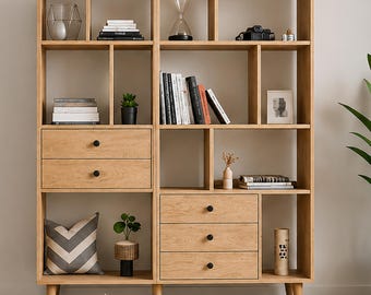 Solid wood living room wall shelf "Soren", bookcase, modern wooden cabinet, solid wood cabinet, Nordic style, wall shelf, library, living room wall unit