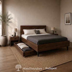 Solid Walnut Wood Bed Frame "Budapest" With Pull Out Drawer, 100% Custom Bedframe, Low Profile, Sizes for Single/Queen/King/California King