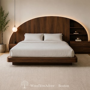 May include: A dark wood platform bed featuring a large, arched headboard with integrated shelving and ambient backlighting. The bed is dressed in plain white bedding and includes two matching bedside drawers. Text reads: WoodYouAdore Boston.