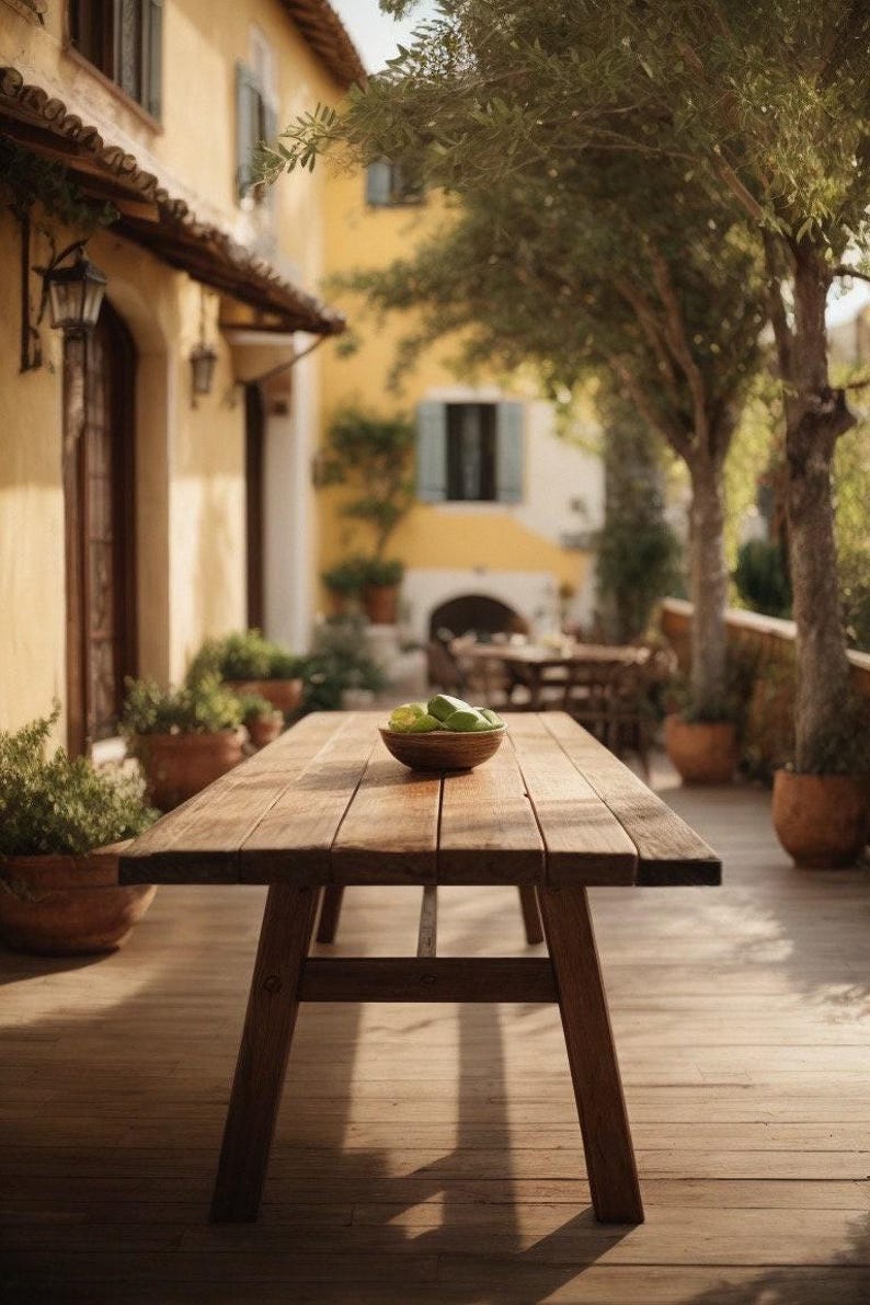 Solid wood outdoor garden table in oak and walnut, wooden table with metal frame, made to measure, customizable, modern, garden dining table image 3