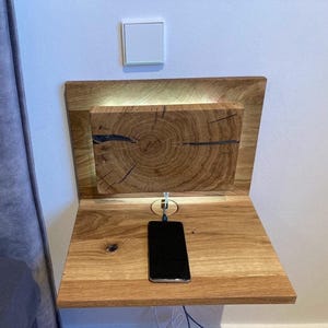 Solid Oak Floating Nightstand, Unique Small Bedside Shelf, Built-In Slim Bedside Table With  Backlight, Wall Mount, Rustic