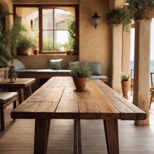 Handcrafted solid wood  table with wooden legs, blending rustic charm with modern design. Ideal for rustic dining or office use, featuring unique wood grain and customizable options