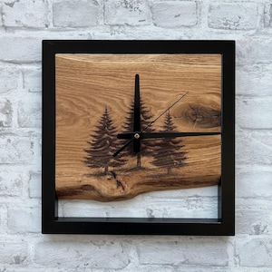 Pine Trees Clock, Carved Wood Wall Clocks, Live Edge & Metal, Forest Themed Clock, Woodsy Decor, Nature Lovers Gift, Square Silent Clock