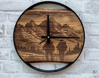 Mountain Hiker Nature Wall Clock, Industrial Design, Live-Edge Timepiece, Unique Home Decor, Gift Idea