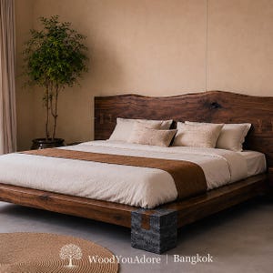 Solid Oak Bed Frame and Headboard "Bangkok", 100% Natural Live Edge, Available Sizes for Single/Twin XL/Full(Double)/Queen/King/California King