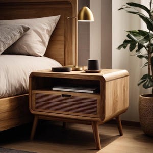 Wood Bedside Table with Drawer, Solid Wooden Nightstand with Drawer and Shelf, Handcrafted, Rustic & Modern Night Stand