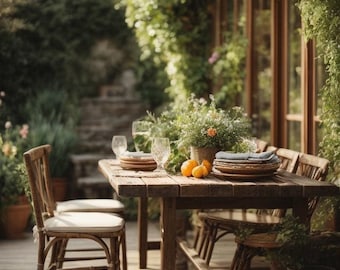 Solid wood outdoor garden table in oak and walnut, wooden table with metal frame, made to measure, customizable, modern, garden dining table