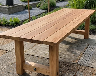 Solid wood outdoor garden table in oak and walnut, wooden table with metal frame, made to measure, customizable, modern, garden dining table
