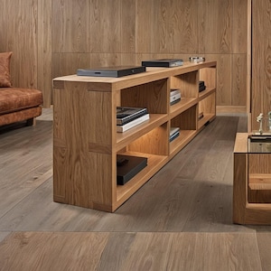 無垢オーク材のローボード、モダンなスカンジナビア風サイドボード、テレビ台、リビングルームのコンソールテーブル、手作りのミニマリストサイドボード