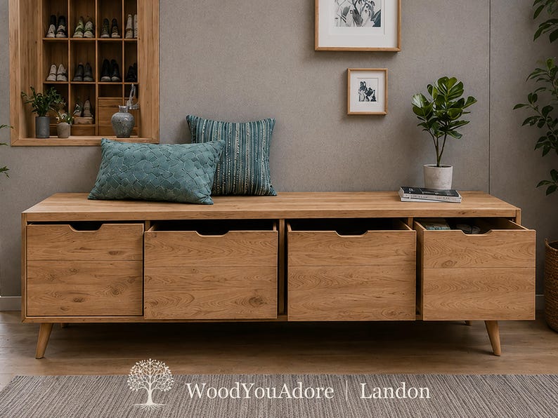 Shoe rack bench "Landon", solid oak shoe bench, shoe rack with seat, shoe bench, shoe rack, sideboard, lowboard image 2